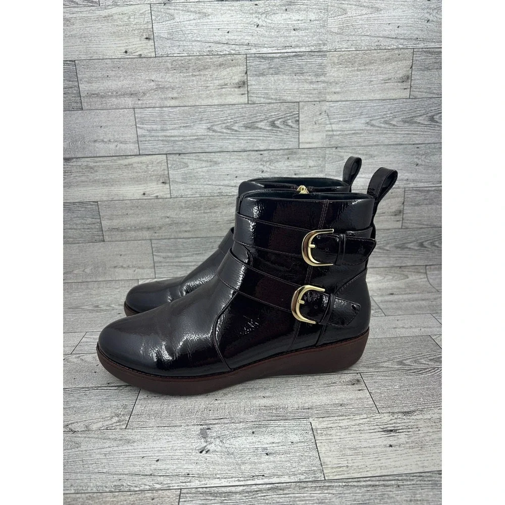 Fitflop Supercomff Comfort Ankle Boots Size US 7.5‎ Gold Buckle Brown Patent